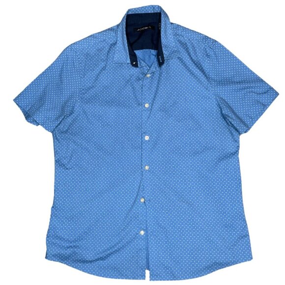 Axist Men's Blue Geometric Design Short Sleeve Button Up Shirt Size Large Casual - Picture 1 of 6